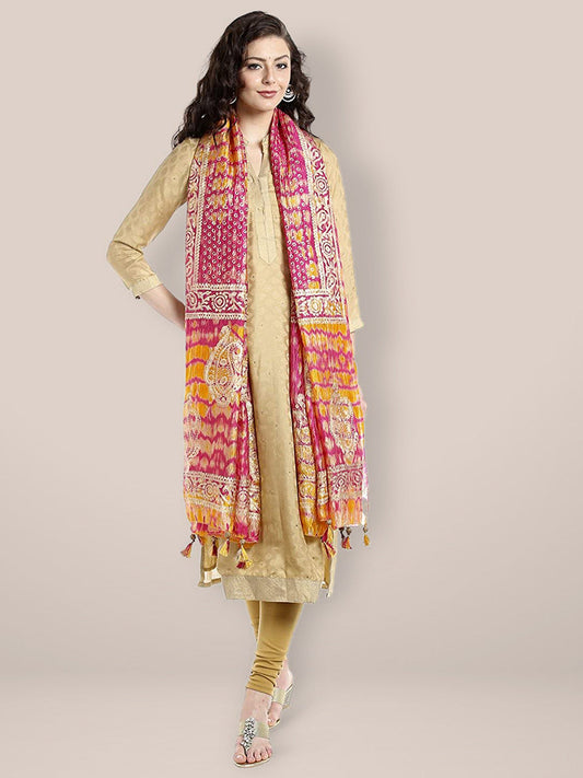 Pink & Yellow Printed Silk Dupatta . freeshipping - Dupatta Bazaar