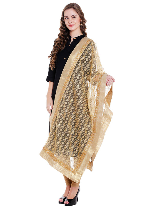 Dupatta Bazaar Woman's Gold Net Floral Embroidered Dupatta - Dupatta Bazaar