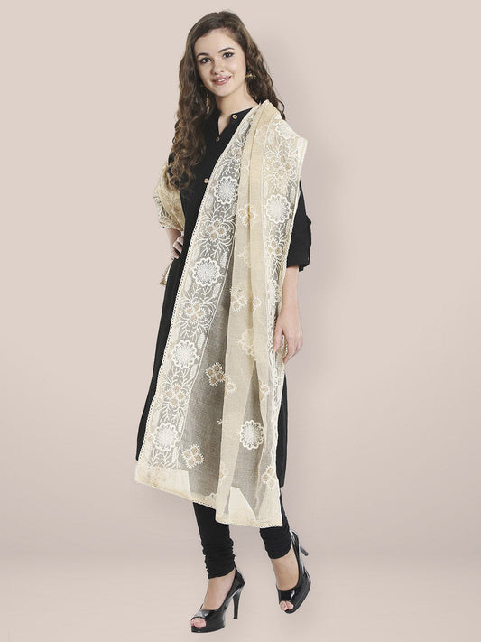 Ivory Dupatta with Lucknowi Embroidery. freeshipping - Dupatta Bazaar