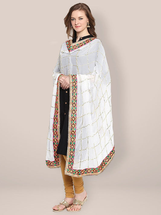 White Chiffon Dupatta with Phulkari Border freeshipping - Dupatta Bazaar