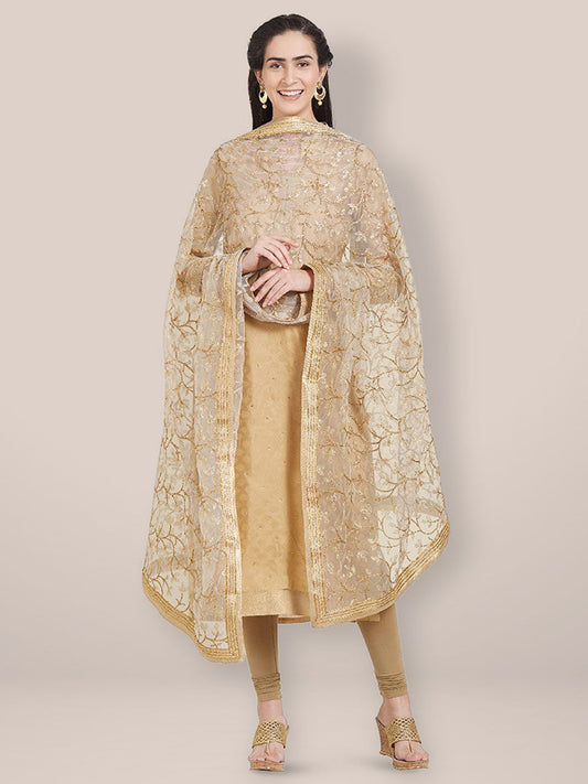 White & Gold Embroidered Net Dupatta freeshipping - Dupatta Bazaar