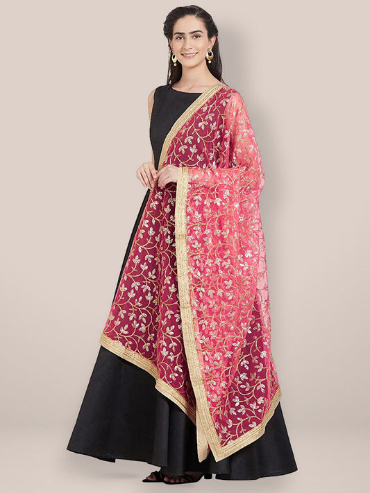 Pink & Gold Embroidered Net Dupatta freeshipping - Dupatta Bazaar