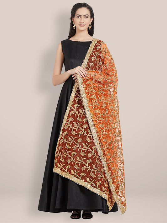 Orange & Gold Embroidered Net Dupatta freeshipping - Dupatta Bazaar