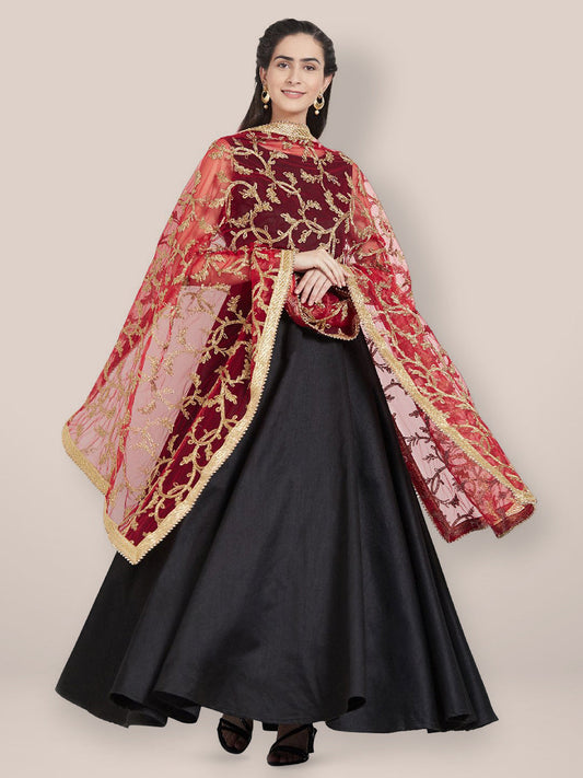 Red & Gold Embroidered Net Dupatta freeshipping - Dupatta Bazaar