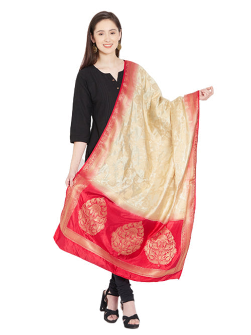 Dupatta Bazaar Woman's Beige & Red Banarasi Silk Dupatta - Dupatta Bazaar