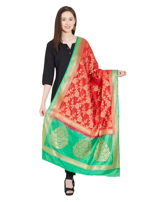 Dupatta Bazaar Woman's Red & Green Banarasi Silk Dupatta - Dupatta Bazaar