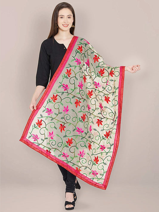 Beige Dupatta with Multicolour Embroidery. freeshipping - Dupatta Bazaar