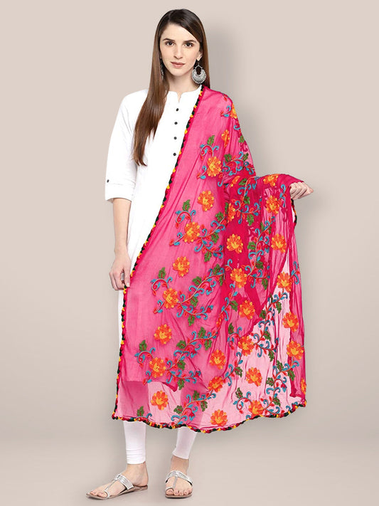 Pink & Multicoloured Embroidered Chiffon Dupatta freeshipping - Dupatta Bazaar