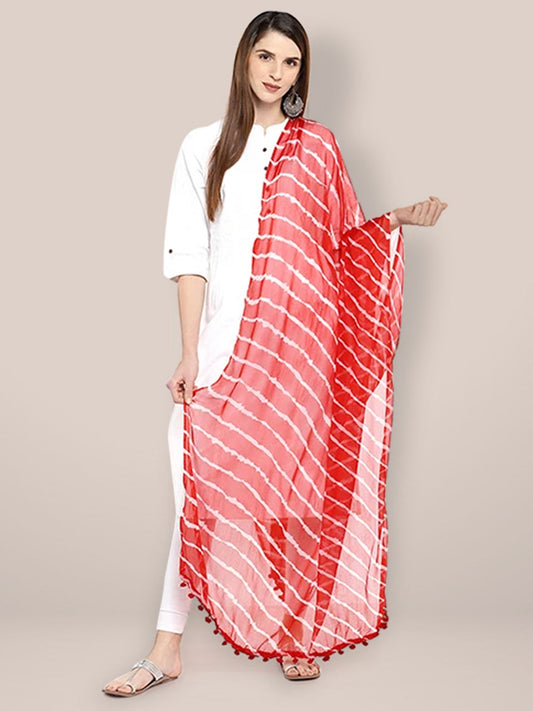 Red & White Leheria Chiffon Dupatta freeshipping - Dupatta Bazaar