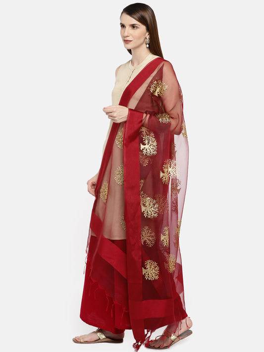Dupatta Bazaar Woman's Maroon Organza Dupatta with Gold Embroidery. - Dupatta Bazaar