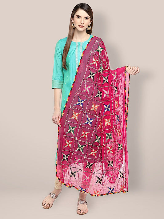 Pink & Multicoloured Chiffon Phulkari Dupatta. freeshipping - Dupatta Bazaar