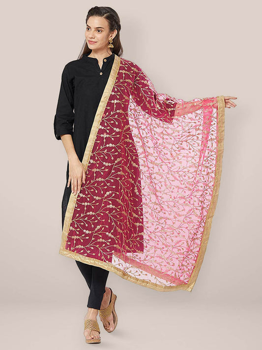 Embroidered Pink & Gold Net Dupatta freeshipping - Dupatta Bazaar