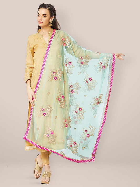 Sea Green & Multicoloured Net Dupatta with Floral Embroidery. freeshipping - Dupatta Bazaar