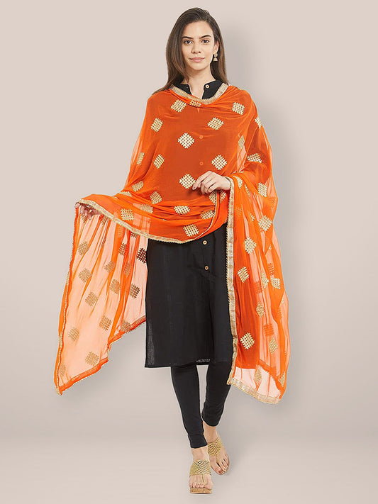 Orange Embroidered Chiffon Dupatta freeshipping - Dupatta Bazaar