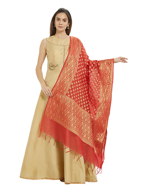 Dupatta Bazaar Woman's Red & Gold Banarasi Silk Dupatta - Dupatta Bazaar