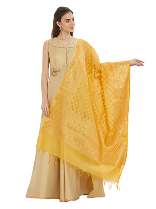 Dupatta Bazaar Woman's Yellow & Gold Banarasi Silk Dupatta - Dupatta Bazaar