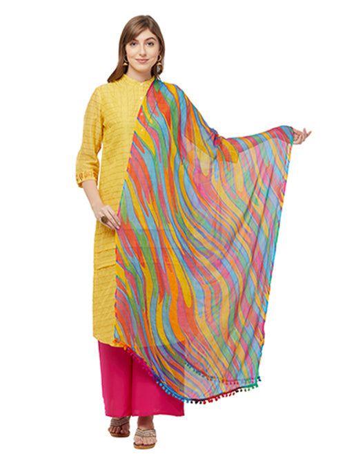 Dupatta Bazaar Woman's Multicoloured Printed Chiffon Dupatta with Pom Pom. - Dupatta Bazaar