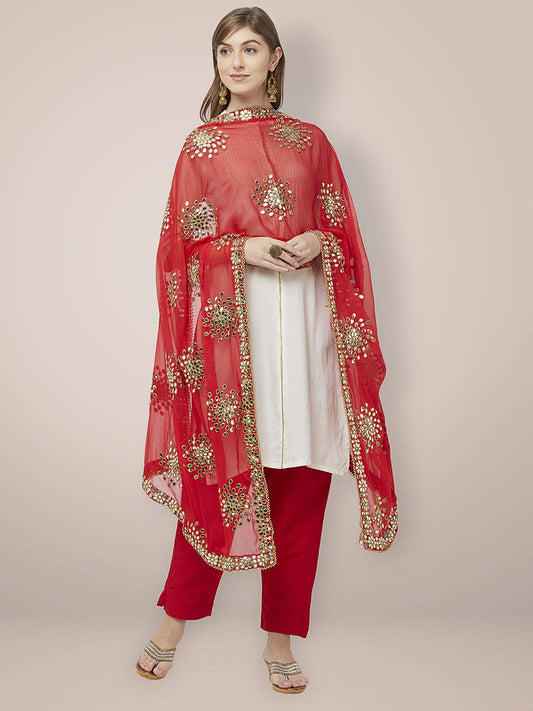 Embellished Red Chiffon Dupatta. freeshipping - Dupatta Bazaar