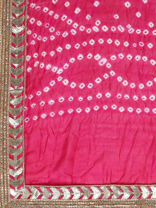 Dupatta Bazaar Woman's Pink Bandhini Silk dupatta with Gotta Patti Border. - Dupatta Bazaar