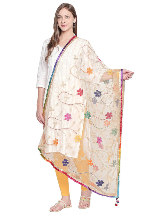 Dupatta Bazaar Woman's Multicolour Embroidered Off White Net Dupatta. - Dupatta Bazaar