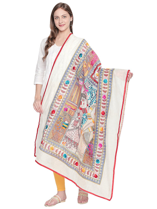 Dupatta Bazaar Woman's Off White Chanderi Silk dupatta with Kantha Work - Dupatta Bazaar