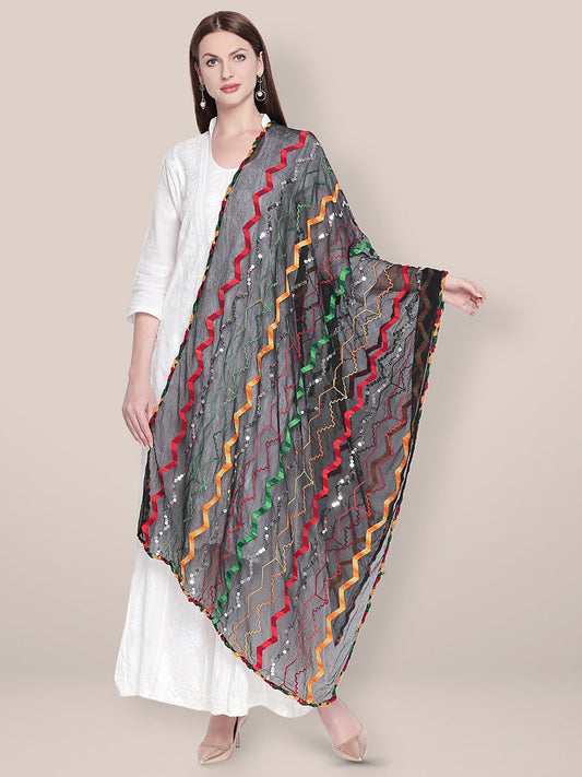 Black & Multicoloured Embroidered Chiffon Dupatta freeshipping - Dupatta Bazaar