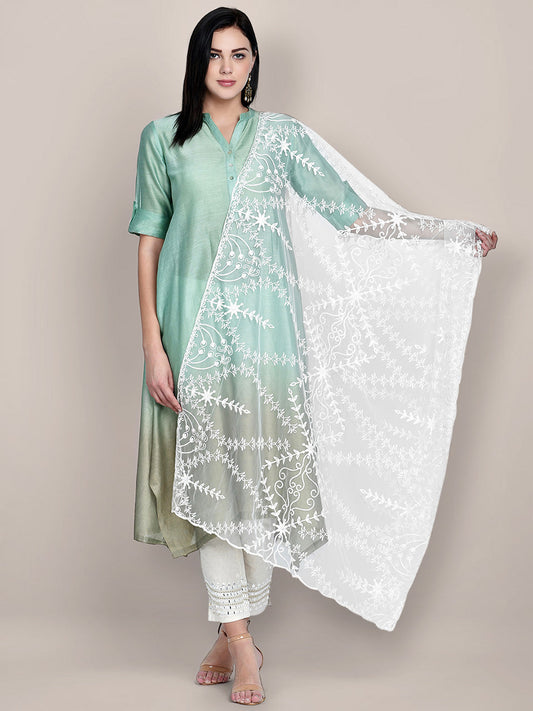 Embroidered White net Dupatta freeshipping - Dupatta Bazaar