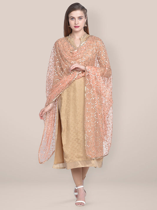 Dupatta Bazaar Woman's Embellished Peach & Gold Net Dupatta freeshipping - Dupatta Bazaar