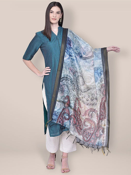 Digital Printed Blue Silk Dupatta freeshipping - Dupatta Bazaar