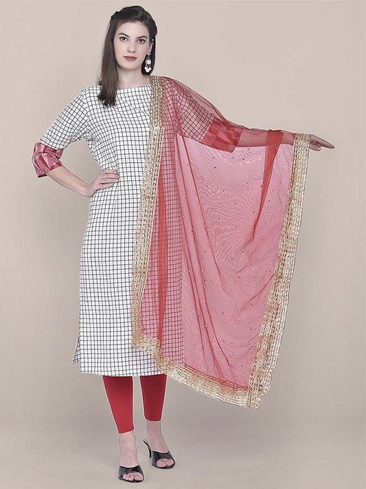 Embellished Red Net Dupatta freeshipping - Dupatta Bazaar