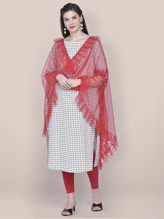 Red Net Dupatta with Ruffles freeshipping - Dupatta Bazaar