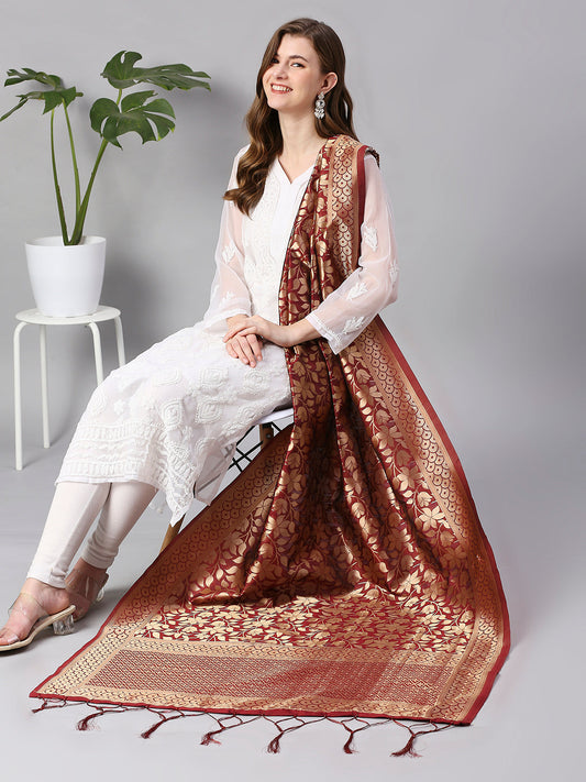 Maroon Banarasi Silk Dupatta with Floral Weaving