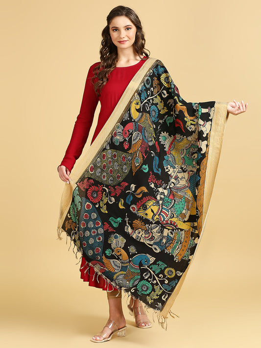 Black & Multicolour Hand Painted Kalamkari Pure Chennur Silk Dupatta