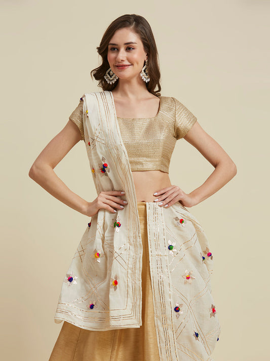 Off White Dupatta with Multicoloured Pom Poms and Gotta.