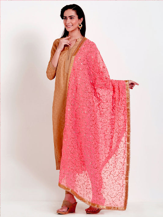 Dupatta Bazaar Woman's Coral & Gold Embroidered Georgette Dupatta - Dupatta Bazaar