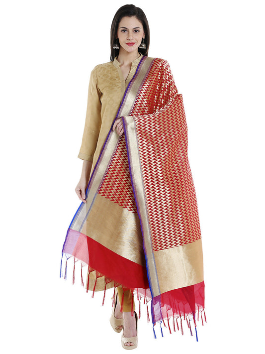 Dupatta Bazaar Woman's Red & Gold Woven Banarasi Silk Dupatta - Dupatta Bazaar