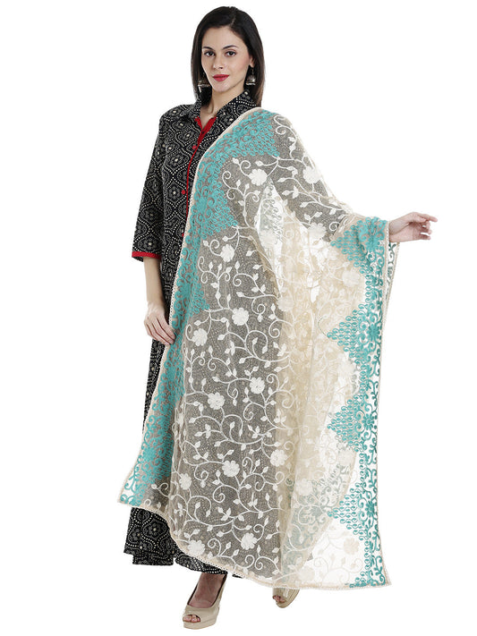 Dupatta Bazaar Woman's Ivory & Aqua Blue Cotton Net Dupatta with all over Embroidery. - Dupatta Bazaar
