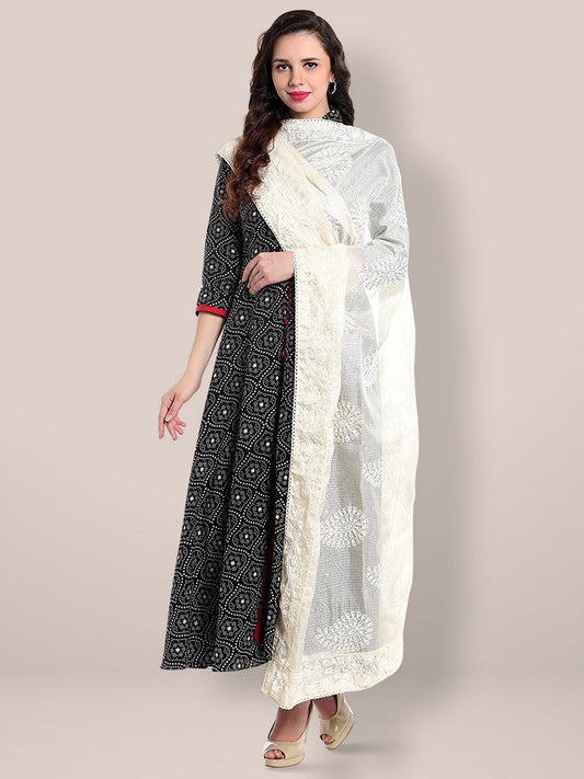 Ivory Embroidered Cotton Kota Doria dupatta freeshipping - Dupatta Bazaar