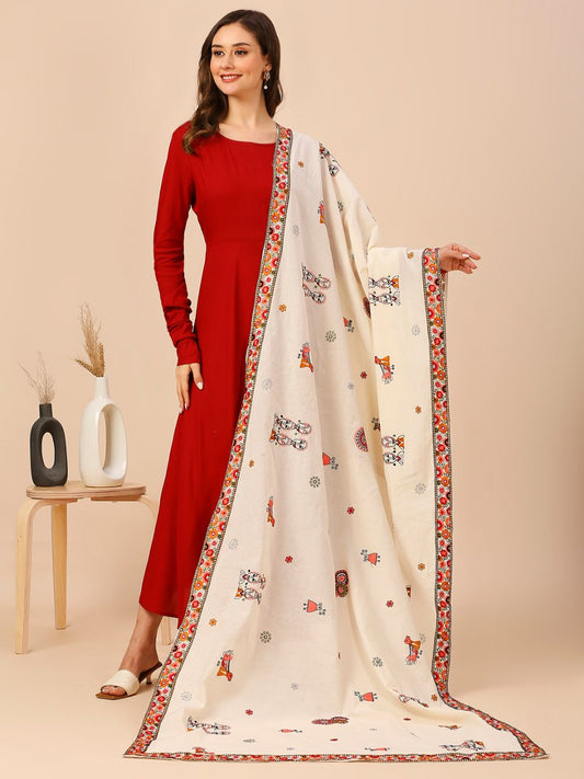 Off White & Multicolour Warli Embroidered Cotton Dupatta