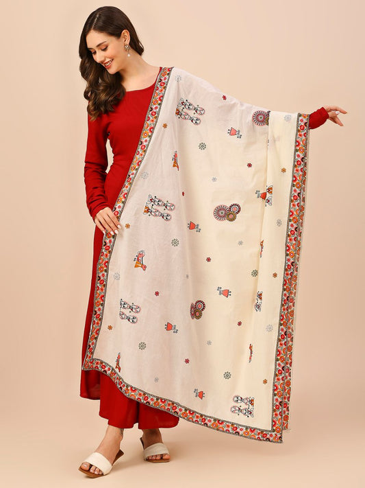 Off White & Multicolour Warli Embroidered Cotton Dupatta