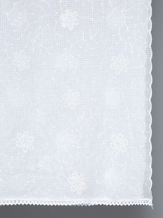 White Embroidered Pure Kota Cotton Dupatta with Scallops
