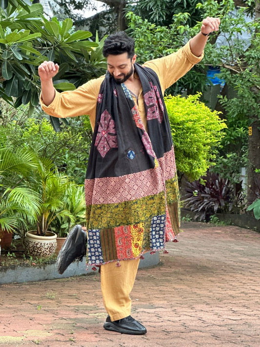 Men's Black Patchwork Pure Cotton Dupatta