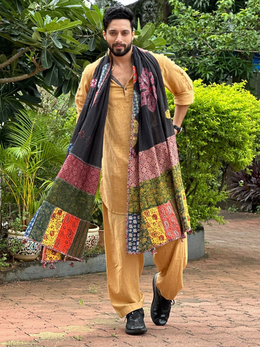 Men's Black Patchwork Pure Cotton Dupatta