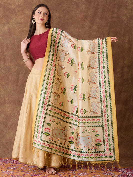 Ethnic Pichwai Printed Cream & Multi Assam Silk Dupatta