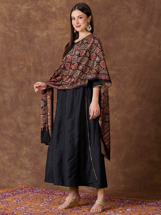 Black Hand Block Print Mushru Stole/Dupatta