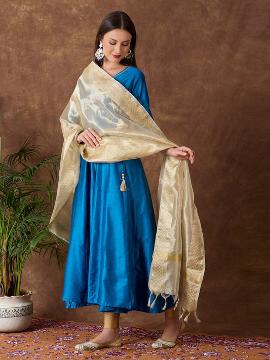 Gold Banarasi Tissue Silk Dupatta with Woven Floral Motifs