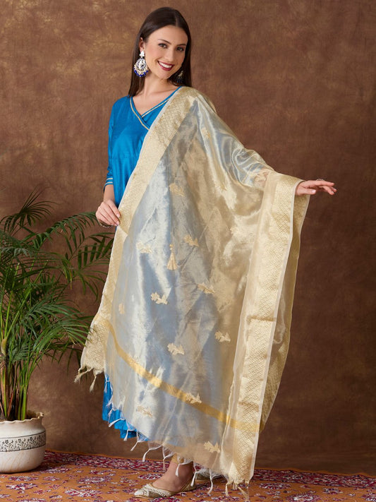 Gold Banarasi Tissue Silk Dupatta with Woven Floral Motifs