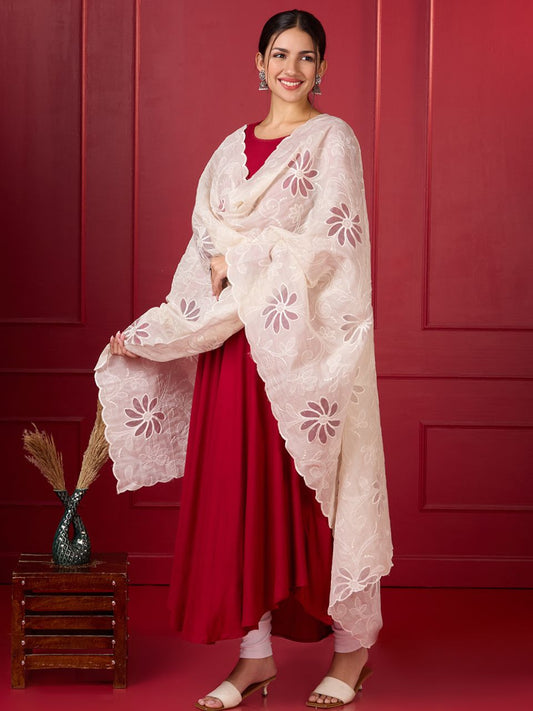Cream All Over Cut Work & Embroidered Chanderi Silk Dupatta