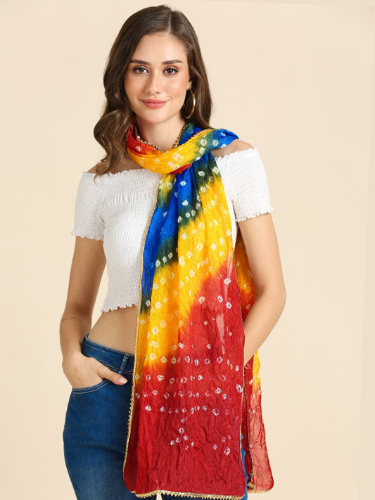 Red, Blue & Yellow Bandhini Blended Silk Stole with Gold Border