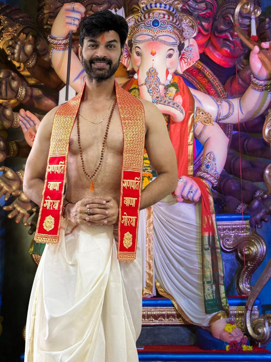 Ganpati Bappa Morya Stole in Red and Gold